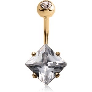 Solid gold belly bar with princess cut stone