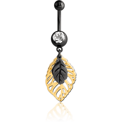 Black Steel Jewelled Belly Bar with Leaf Charm
